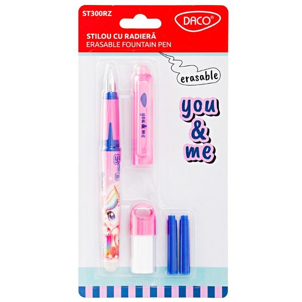 &129412; Stilou cu radier&259; DACO “You & Me” – Model UnicornNu mai ai nevoie de PIC Fara greseli fara pagini rupte doar freci putin cu radiera din capatul stiloului si cerneala dispare completAdaug&259; magie fiec&259;rei pagini cu stiloul DACO “You & Me” – model Unicorn Cu un design roz pastel &537;i imprimeu adorabil cu unicorn acest stilou este alegerea perfect&259; pentru feti&539;ele care iubesc pove&537;tile 