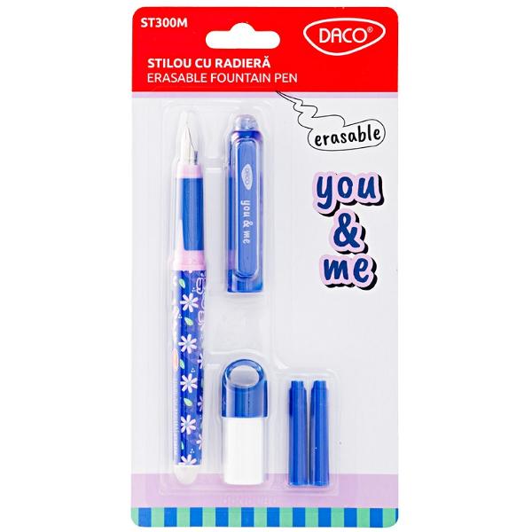 &127800; Stilou cu radier&259; DACO “You & Me” – Model FloralNu mai ai nevoie de PIC Fara greseli fara pagini rupte doar freci putin cu radiera din capatul stiloului si cerneala dispare completAdaug&259; un strop de culoare &537;i veselie în fiecare zi de &537;coal&259; cu stiloul DACO “You & Me” – model Floral Cu un design albastru decorat cu flori delicate acest stilou este alegerea perfect&259; pentru elevii 