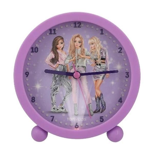 E timpul pentru glamour TOP MODEL Acest ceas cu alarma rotund violet are trei TOP MODEL elegante si pietre mici stralucitoare pe cadran Cu efect luminos si maini linistite Baterie 1x AA 15V inclusa si inlocuibila