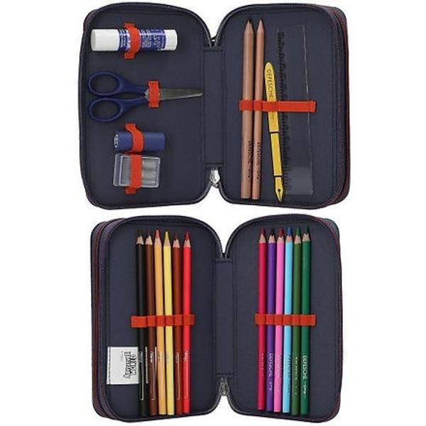 Wow paianjen Penarul albastru Inchis de la Adventure World are un motiv mare usor Inaltat cu efect 3D In fata Cele doua compartimente separate cu fermoar sunt complet echipate cu 12 creioane de colorat 1 creion ascutitoare dubla radiera rigla foarfece si lipici Material 100 poliester