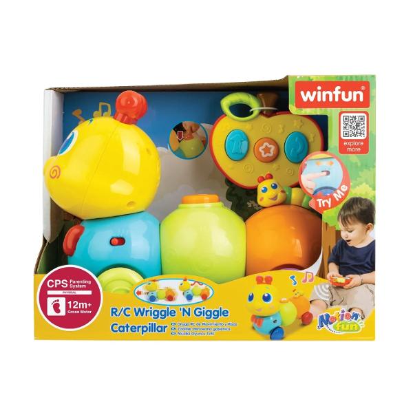 Winfun Jucarie Omida cu Telecomanda este o jucarie interactiva si amuzanta perfecta pentru micuti Setul include o telecomanda draguta in forma de mar care controleaza miscarile omidei permitandu-i sa mearga inainte si inapoi printr-o miscare de unduire Jucaria emite sunete vesele si melodii simpatice aducand distractie in timpul jocului Omida are o fundita care lumineaza iar micutul va fi incantat de miscarile ei jucause si de sunetele pline de veselie Aceasta jucarie cu telecomanda 