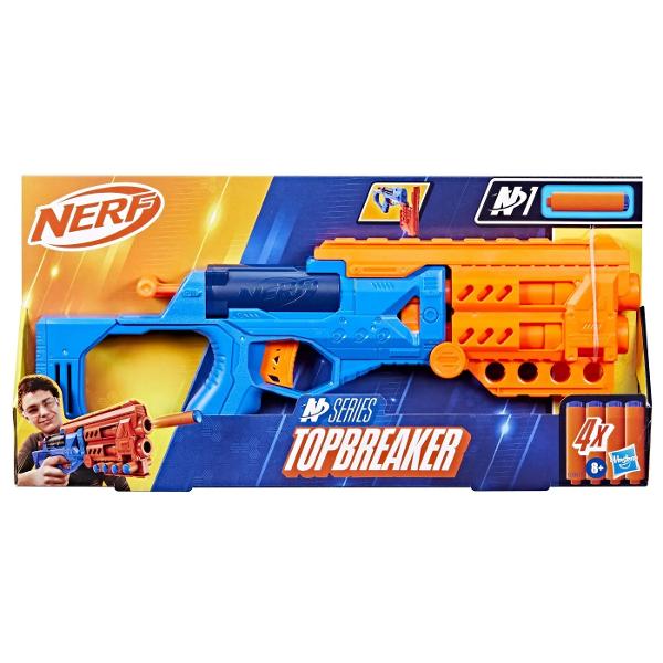 Lansatorul Nerf N-Strike Topbreaker din seria NP este o jucarie de actiune captivanta pentru copiii de peste 8 ani Are un design colorat albastru si portocaliu si permite incarcarea rapida a proiectilelor prin mecanismul special de deschidere pe partea superioara Include 4 darts Nerf oficiale concepute pentru performanta si siguranta in timpul jocului Ideal pentru batalii dinamice acest blaster stimuleaza miscarea coordonarea si spiritul de competitie intre prieteni