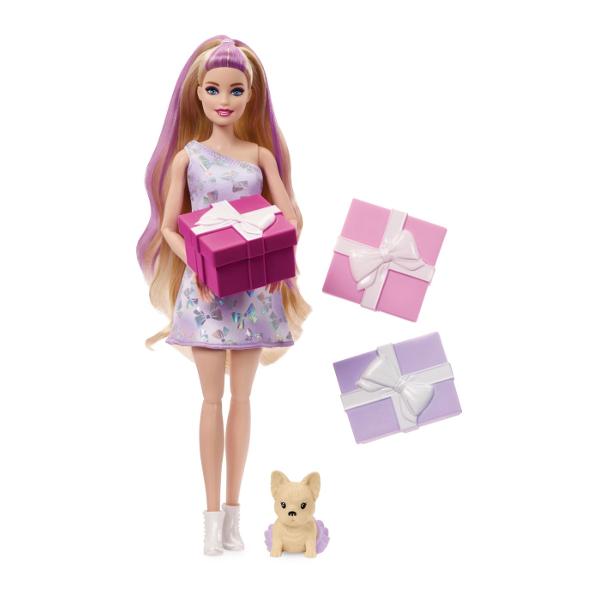 Cu 10 surprize care asteapta sa fie &bdquodesfacute&rdquo seria Barbie Party Unboxed Pet Birthday transforma despachetarea intr-o petrecere cu un teanc de 4 cadouri care ascund o papusa un animal de companie si multe altele Ce papusa vei dezvalui Unbox the Birthday Bows este pregatit sa gaseasca o papusa de moda blonda cu fire de par roz si un tip de corp inalt impreuna cu o rochie roz decorata cu fundite metalizate argintii si cizme albe Continuati sa deschideti 