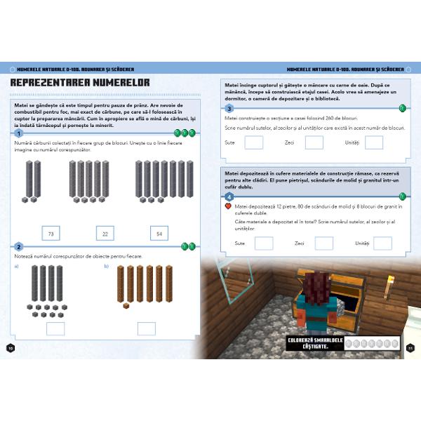 Acest caiet de matematic&259; transform&259; &icirc;nv&259;&539;area &icirc;ntr-o aventur&259; captivant&259; &icirc;n universul Minecraft Copiii sunt invita&539;i s&259; exploreze taigaua oceanul sau c&acirc;mpurile cu ciuperci al&259;turi de eroii Matei &537;i Maia &icirc;n timp ce &icirc;&537;i dezvolt&259; cuno&537;tin&539;ele de matematic&259; Exerci&539;iile sunt adaptate programei pentru clasele primare &537;i includ teme precum numerele naturale adunarea &537;i 