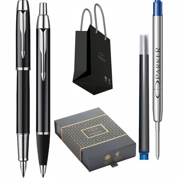 Set Stilou si Pix Parker IM Standard Black CTcu rezerva stilou si mina pix Parker montata rezerva mina pix Quink Flow Albastruin Cutie si Punga Parker