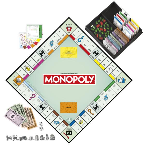 Da-te mare sau da-i faliment in jocul de societate Monopoly In aceasta editie a distractivului joc de familie experimenteaza gameplay-ul clasic pe care fanii il cunosc si il indragesc plus functii imbunatatite Am inclus o tava eleganta de depozitare pentru a pastra banii cartile si componentele organizate De asemenea am marit dimensiunea jetonelor caselor si hotelurilor fata de cele din editiile anterioare pentru o manipulare mai usoara Jucatorii se misca pe tabla cumparand cat mai 
