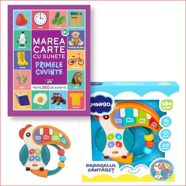 Un duo perfect de joac&259; &537;i înv&259;&539;are Pachetul con&539;ine cartea bestseller „Bebe înva&539;&259; Marea carte cu sunete” care stimuleaz&259; curiozitatea &537;i limbajul celor mici &537;i juc&259;ria interactiv&259; „Papagalul 