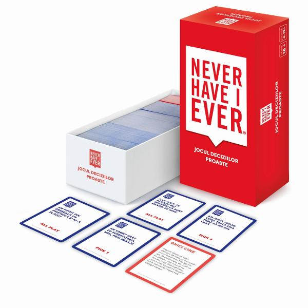 Jocul deciziilor proaste este jocul ideal pentru serile intre adulti care nu se tem sa recunoasca aventurile greselile si momentele amuzante din trecut Simplu sincer si plin de rasete acest joc te provoaca sa spui adevarul despre cele mai nebunesti experiente pe care le-ai trait sau nu Fiecare runda dezvaluie povesti neasteptate si reactii memorabile transformand orice seara intr-o experienta de neuitat Perfect pentru petreceri sau seri intre prieteni Never Have I Ever este jocul in 