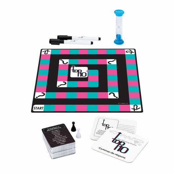 Joc de societate Top 10 in limba Romana Gaseste 10 raspunsuri in 60 de secunde Un joc de cultura generala plin de dinamism si distractie perfect pentru intreaga familie Fiecare runda te provoaca sa raspunzi rapid si corect la cat mai multe teme testandu-ti atentia gandirea si viteza de reactie Contine 100 de carduri cu doua fete 200 de teme 2 cartonase de raspuns 1 tabla de joc 2 markere cu radiera 2 pioni 1 clepsidra Un joc competitiv si amuzant care stimuleaza memoria si 