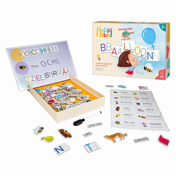 O jucarie educativa progresiv creat special pentru copiii de la 5 ani care transforma invatarea literelor intr-o activitate distractiva si interactiva Plansetele colorate ii incurajeaza pe cei mici sa invete sa citeasca si sa scrie prin exercitii simple si captivante Pas cu pas copilul invata sa asocieze obiectele cu literele corespunzatoare sa exerseze scrierea si sa formeze primele sale cuvinte Datorita markerului special si buretelui incluse exercitiile pot fi sterse si reluate de 