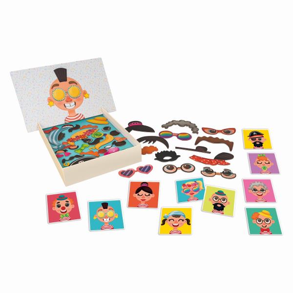 Fete Amuzante este o jucarie educativa si captivanta care ii ajuta pe copii sa descopere si sa inteleaga trasaturile umane intr-un mod jucaus Copiii pot combina magnetii pentru a recrea fetele ilustrate pe cartile incluse sau isi pot folosi imaginatia pentru a inventa expresii si combinatii amuzante dezvoltandu-si astfel creativitatea si spiritul de observatie Jocul contribuie la dezvoltarea atentiei coordonarii mana-ochi si a recunoasterii emotionale transformand fiecare sesiune de joaca 