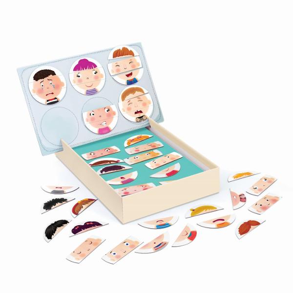 Un joc educativ de invatare emotionala cu 42 de magneti de hartie Setul ii familiarizeaza pe copii cu invatarea emotionala ajutandu-i sa recunoasca mai intai diferitele expresii faciale si apoi cu ajutorul ghidului ilustrat sa invete cum se reflecta emotiile umane in expresiile lor Fiecare magnet descrie trasaturi diferite pentru a reflecta expresii si emotii variate Cum arata cineva cand este fericit trist sau suparat Cum se manifesta sentimentele de gelozie rusine iubire sau 