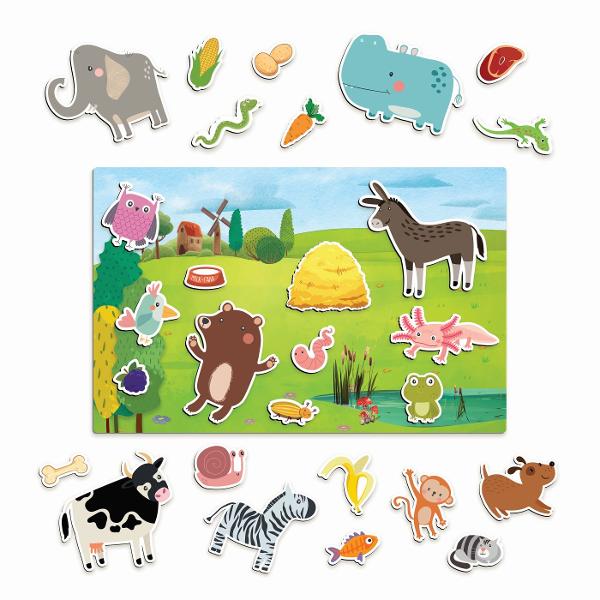 Happi Hobbi  prezinta aceasta jucarie magnetica cu animale educativa si distractiva care ii introduce pe copii in lumea fascinanta a animalelor Setul contine 41 de magneti din carton si o plansa magnetica ce se introduce in taieturile laterale ale cutiei transformand-o intr-o &bdquotabla&rdquo interactiva pe care copilul poate muta piesele cu usurinta creand scenarii originale si povestiri pline de imaginatie Fiecarui animalut ii corespunde un habitat si un tip de hrana pe care 