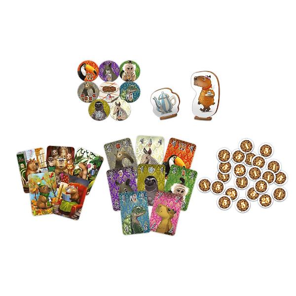 Un joc adorabil de societate Capibare primitoare  semnat de celebrul Reiner Knizia care te invita in lumea capibarelor primitoare Capibarele isi dau intalnire la o masa plina de ceai fursecuri si voie buna iar tu esti invitat sa te alaturi Scopul jocului este sa formezi combinatii potrivite si sa aduni cat mai multe puncte in timp ce te bucuri de atmosfera relaxata si ilustratiile calde create de Michal Ambrzykowski Ideal pentru intreaga familie Capibare primitoare imbina strategia 