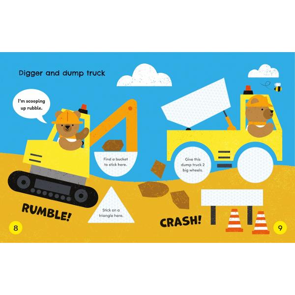 Children are invited to cut out shapes from the paper at the back of the book and glue them onto the illustrated scenes The large shapes to cut around are perfect for little hands to follow and provide a fun way to practise scissor skills With cars trucks tractors diggers planes and many more vehicles to make this imaginative book will entertain little children for hours There are also lots of things to talk about on each page to improve vocabulary