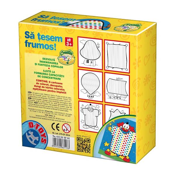Jocul dezvolt&259; fantezia îndemânarea capacitatea de concentrare a copiilor Con&539;inut 6 cartoane de colorat decupate cu diverse modele balcon c&259;su&539;&259; ciuperc&259; clovn lalea corabie cu pânz&259; dungi de hârtie colorate ag&259;&539;&259;toare pentru împletit