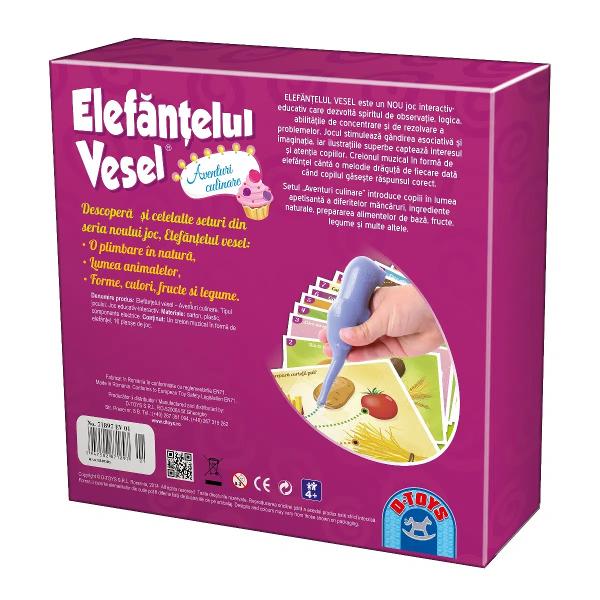 Elef&259;n&539;elul vesel este un nou joc interactiv-educativ cu ilustra&539;ii captivante care stimuleaz&259; g&acirc;ndirea asociativ&259; &537;i imagina&539;ia Setul &bdquo;Aventuri culinare&rdquo; introduce copiii &icirc;n lumea apetisant&259; a diferitelor m&acirc;nc&259;ruri Cei mici se pot familiariza cu diferite ingrediente naturale cu modul de preparare a alimentelor de baz&259; cu fructe legume &537;i multe altele Vor r&259;spunde la &icirc;ntreb&259;rile 