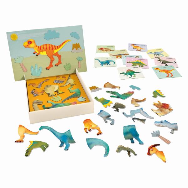 O jucarie magnetica amuzanta cu 45 de magneti care ii ajuta pe copii sa descopere lumea fascinanta a dinozaurilor Cei mici se familiarizeaza cu numele si caracteristicile acestora si se distreaza asamblandu-i dupa imaginile de pe fisele educative incluse Jucaria stimuleaza spiritul de observatie si atentia la detalii intrucat copiii trebuie sa combine corect partile magnetice pentru a recrea dinozaurii specifici O activitate educativa si creativa care imbina invatarea cu distractia perfecta 