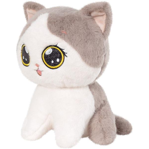 Aceasta pisicuta de plus impresioneaza prin ochisorii mari si stralucitori care ii confera o expresie plina de inocenta si curiozitate Textura moale si catifelata invita la imbratisari iar forma sa bine proportionata sau face ideala pentru joaca decor sau pentru a fi oferita cadou Detaliile brodate precum conturul ochilor si gurita jucausa adauga un plus de personalitate transformand jucaria intr-un companion irezistibil pentru copii Stand ferm in pozitie verticala pisicuta transmite o 
