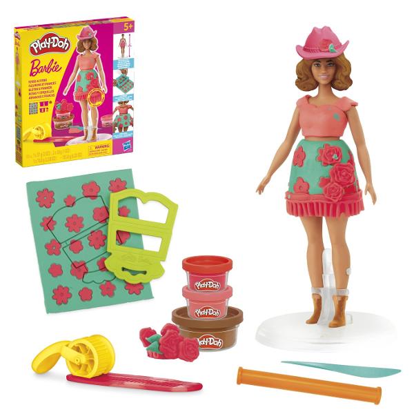 Creeaza stiluri rustice super dragute cu setul Florale si Franjuri Este usor si distractiv sa creezi haine pentru papusile Barbie Play-Doh cu acest kit de arte si mestesuguri Pur si simplu aseaza papusa pe suport foloseste foaia cu modele Play-Doh si decupatoarele pentru a croi tinute Barbie si imbrac-o in cele mai creative moduri imaginabile Ofera-i diferite coafuri Play-Doh cu ajutorul matritei de par sau copiii isi pot face propriile coafuri manual Adauga accesorii pentru papusile 