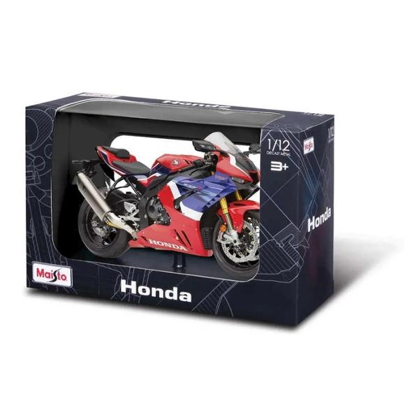 Motocicleta HONDA CBR 1000RR R FIREBLADE SP in miniatura la scara 112 este realizata din metal turnat si detalii din plastic de inalta calitate Produsul reda cu fidelitate liniile sportive si elegante ale modelului original fiind vopsit in rosu intens cu detalii albastre si alb si dotat cu elemente realiste precum sistemul de evacuare suspensie si jantele sport Aceasta replica este expusa intr-o cutie tip vitrina ceea ce o face ideala atat pentru joaca cat si pentru colectie 