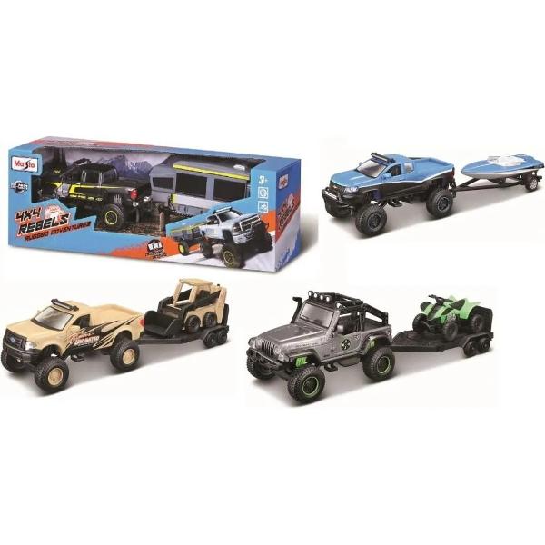 Seturile Maisto 4x4 Rebels Rugged Adventures aduc distractia off road in lumea copiilor prin vehicule metalice cu detalii realiste si design robust Fiecare pachet include o masina 4x4 cu platforma sau remorca si un vehicul suplimentar precum motocicleta ATV barca sau utilaj Modelele sunt realizate din metal turnat cu parti din plastic si au elemente functionale precum usi care se deschid Recomandate copiilor de peste 3 ani aceste seturi incurajeaza jocul creativ si recreeaza scene 