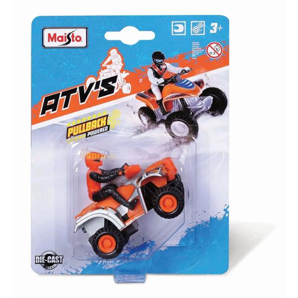 ATV Maisto Pullback este o jucarie realizata din metal cu detalii realiste si design atractiv Modelul vine echipat cu mecanism pullback ceea ce ii permite sa prinda viteza atunci cand este tras inapoi si eliberat Este recomandat copiilor cu varsta de peste 3 ani si ofera ore intregi de distractie prin joc activ si interactiv Ambalajul colorat cu design modern il face ideal si pentru cadou&nbsp;Atentie Pretul afisat este per bucata Nu se poate alege culoarea