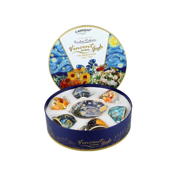 Transforma fiecare moment de cafea intr-o experienta artistica Acest set contine 6 cesti din portelan fin fiecare decorata cu reproduceri ale unor tablouri celebre ale lui Van GoghFiecare ceasca surprinde detalii vibrante si culori unice aducand frumusetea artei direct in rutina ta zilnicaCu o capacitate de 80 ml sunt perfecte pentru espresso sau alte bauturi concentrate fiind ideale atat pentru acasa cat si pentru servirea oaspetilorUn cadou elegant pentru 