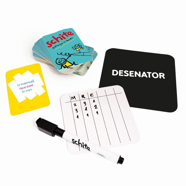 Schite  Distractie in familie este un joc de carti de societate dinamic si amuzant potrivit pentru serile petrecute alaturi de familie sau prieteni Conceput pentru 3 sau mai multi jucatori acest joc pune la incercare creativitatea si rapiditatea participantilor provocandu-i sa deseneze si sa ghiceasca diferite cuvinte sau expresii intr-un timp limitat Regulile sunt simple si usor de inteles ceea ce il face accesibil atat copiilor cat si adultilor fiind recomandate pentru varste intre 6 