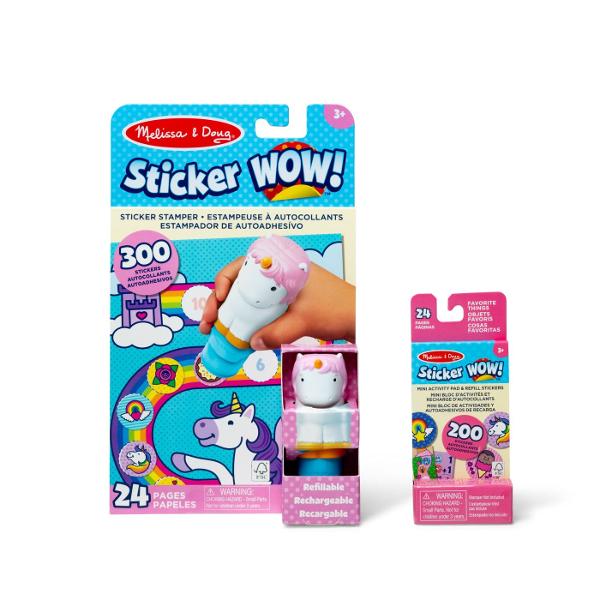 Melissa and Doug Sticker Wow este un set creativ de joaca pentru copii de la 3 ani in sus conceput pentru activitati distractive cu stickere Fiecare set include un aplicator tip stampila cu personaj reincarcabil care distribuie stickere individuale pe paginile incluse in caietul de activitate Setul contine aproximativ 300 de stickere si un caiet cu 24 de pagini pline de jocuri provocari si ilustratii colorate care incurajeaza copiii sa lipeasca sa potriveasca si sa completeze diferite 