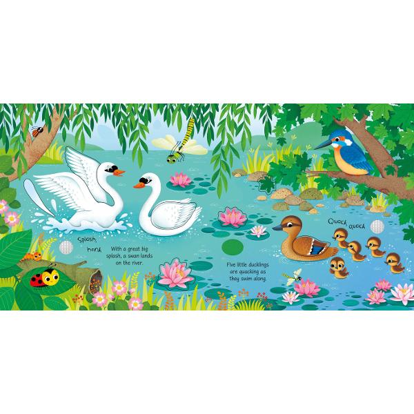 Little children will love hearing the birds sing as they press the pages of this enchanting book Each beautifully illustrated scene has simple text and cut-out shapes to discover and a sound button to press to hear different bird sounds including baby blackbirds tweeting a magpie chattering ducklings quacking and a cuckoo singing