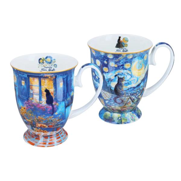 Set elegant format din 2 c&259;ni din por&539;elan fin cu o capacitate de 280 ml fiecare decorate cu ilustra&539;ii&nbsp;cu pisici &icirc;n stilul inconfundabil al picturilor lui Vincent van Gogh Culorile vibrante &537;i detaliile expresive aduc un plus de energie &537;i veselie fiec&259;rei pauze de cafea sau ceaiAcest set combin&259; func&539;ionalitatea cu arta transform&acirc;nd momentele obi&537;nuite 