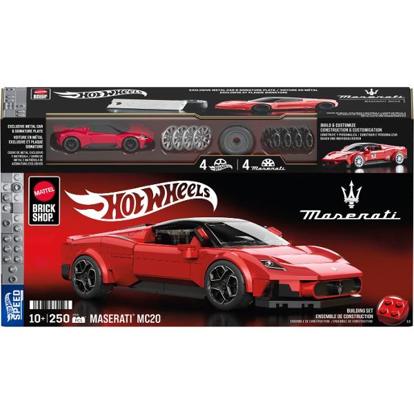 Setul HOT WHEELS MASERATI MC20 aduce impreuna eleganta legendarei marci Maserati si creativitatea constructiei cu piese oferind o experienta premium pentru pasionatii de supercaruri si colectionarii Hot Wheels Pachetul include o masina metalica exclusiva MC20 insotita de o placa semnatura precum si un set de constructie format din 250 de piese cu ajutorul carora poti construi un model impresionant al celebrului supercar italian Designul rafinat liniile aerodinamice si detaliile realiste 