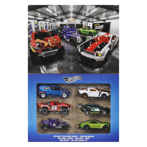 Setul Hot Wheels Silver Series Legends include sase vehicule spectaculoase inspirate din modele custom si masini performante apreciate in cultura auto moderna Fiecare masinuta este realizata din metal turnat cu detalii atent finisate grafica distinctiva si elemente de design agresiv specifice stilului Hot Wheels Colectia reuneste modele precum Hot Wheels Ford Transit Connect 2005 Ford Mustang Baja Truck Loop Coupe Bone Shaker si 2018 COPO Camaro SS oferind o combinatie echilibrata 