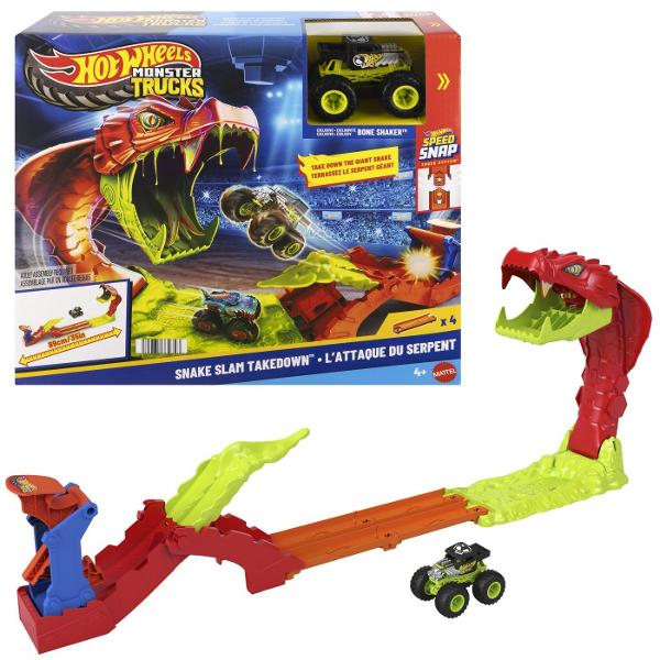 Setul de joaca Hot Wheels Monster Truck Invinge Sarpele Urias aduce spectacolul arenelor de cascadorii direct in camera copiilor Inspirat din competitiile Monster Trucks acest circuit plin de actiune provoaca jucatorii sa invinga un sarpe urias care pazeste arena Masinuta Monster Truck este lansata pe pista cu viteza pentru a sari peste obstacole si pentru a lovi tinta incercand sa doboare capul sarpelui gigantic Mecanismul interactiv transforma fiecare lansare intr-o provocare 