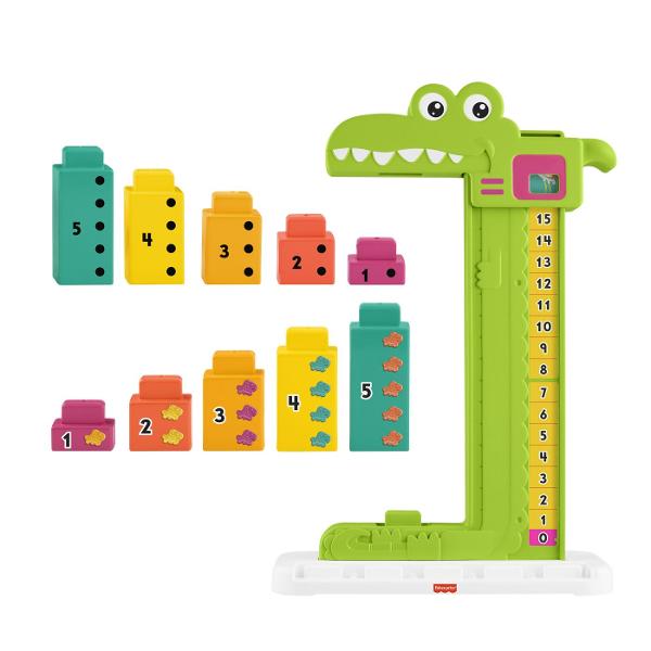 Jucaria educativa Fisher-Price Stivuibila Alligator ii ajuta pe copii sa invete concepte matematice de baza prin joc si interactiune Designul colorat in forma de crocodil transforma invatarea numerelor si a adunarilor simple intr-o activitate distractiva Setul include blocuri numerotate si un mecanism glisant care permite copiilor sa combine numerele si sa descopere rezultatul pe scala de calcul Prin manipularea pieilor si rezolvarea provocarilor simple copiii isi dezvolta gandirea logica 