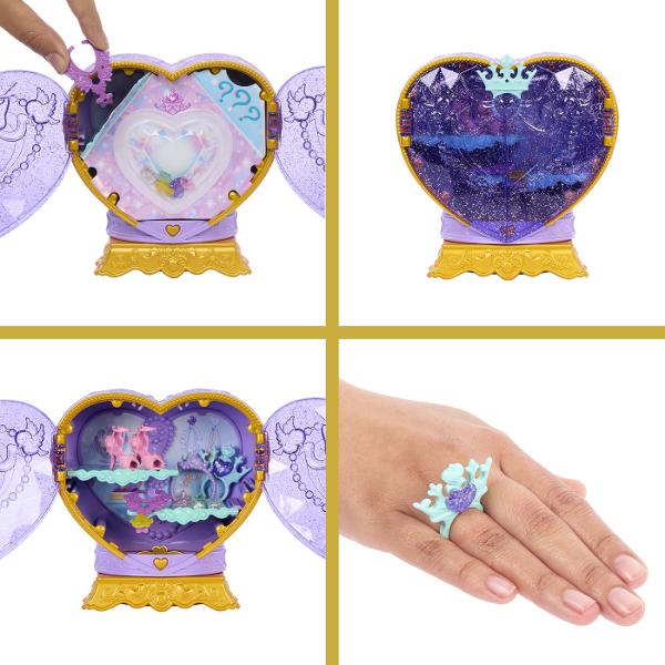 Setul Disney Princess Jewel Reveal aduce magia lumii Disney intr-o experienta plina de surprize si descoperiri Ambalat intr-o cutie eleganta in forma de inima stralucitoare setul ascunde in interior o papusa Ariel inspirata din universul Printeselor Disney si mai multe accesorii surpriza Copiii pot deschide compartimentele pentru a descoperi treptat elementele incluse precum accesorii de moda si detalii inspirate din poveste Designul sclipitor si mecanismul de deschidere transforma fiecare 