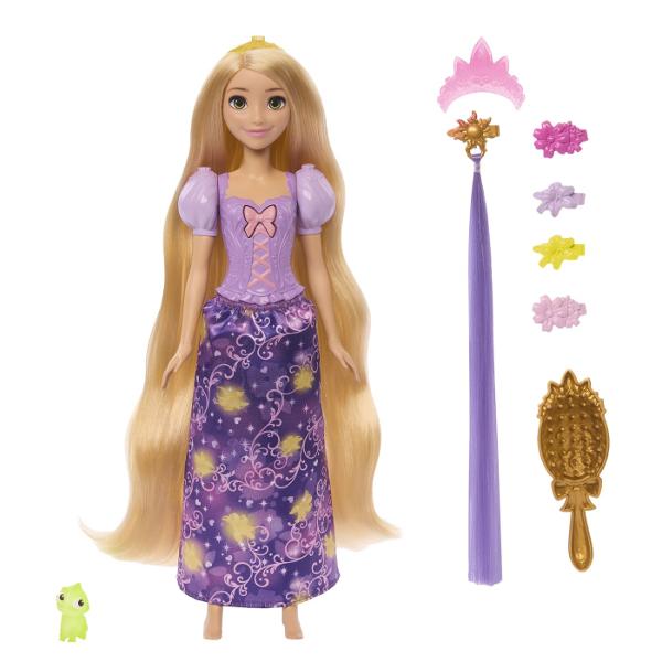 Papusa Disney Princess Setul Parul Magic Al Lui Rapunzel aduce la viata magia povestii prin parul sau lung si accesorii speciale de styling Rapunzel poarta o rochie eleganta in nuante de mov decorata cu motive inspirate din povestea sa iar parul lung si blond poate fi pieptanat si aranjat in multe stiluri Setul include mai multe accesorii tematice precum agrafe colorate si o perie care permit copiilor sa creeze coafuri diferite si sa personalizeze look-ul printesei Detaliile inspirate din 