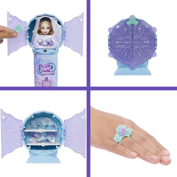 Setul Disney Frozen Jewel Reveal Elsa ofera copiilor o experienta magica de descoperire inspirata din universul filmului Frozen Ambalat intr-o cutie stralucitoare in forma de fulg de zapada setul ascunde in interior mai multe surprize care pot fi dezvaluite treptat prin deschiderea compartimentelor Copiii pot descoperi o papusa inspirata de printesa Elsa si accesorii tematice care completeaza tinuta si povestea personajului Designul sclipitor si mecanismul de deschidere transforma fiecare 