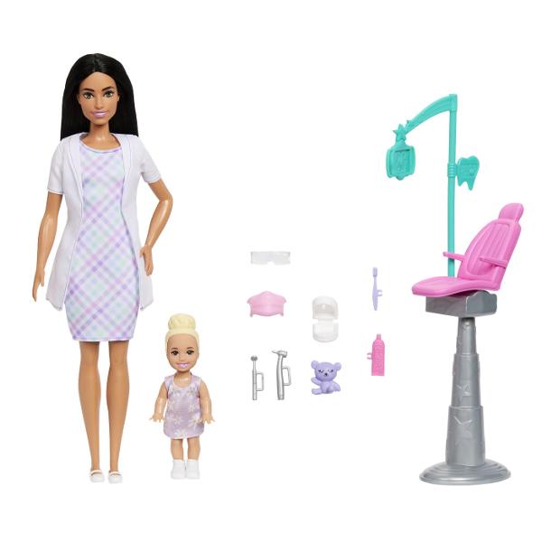 Copiii pot explora tot felul de cariere cu Barbie De la un om de stiinta la un copil de doctor papusile Barbie Careers sunt gata sa inspire povesti pentru toata lumea Barbie poarta haine detasabile cu tematica de cariera si alte accesorii pentru a spune povesti Imaginatia poate juca o lume plina de posibilitati de povestire si oportunitati de cariera cu aceasta papusa puternica gata sa inspire copiii sa fie tot ce isi doresc sa fie Acest pachet contine un set de joaca cu Barbie Dentist