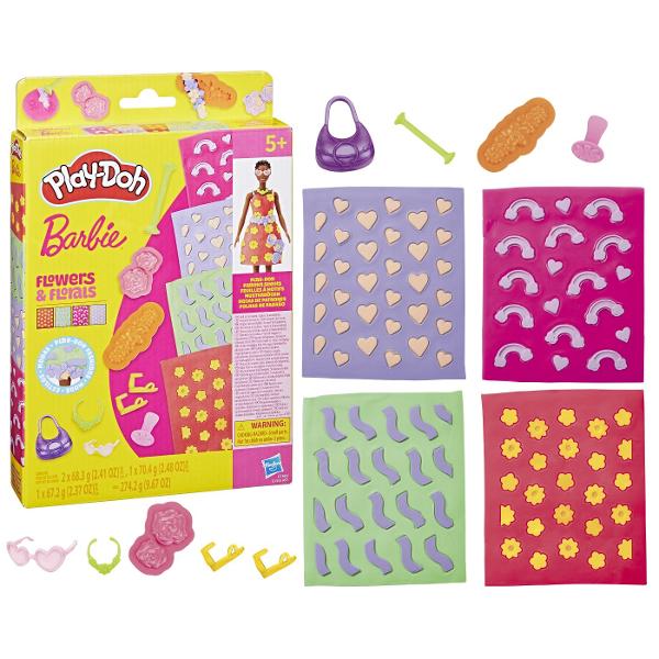 Play-Doh Barbie este un set creativ care imbina universul fashion Barbie cu distractia modelarii plastelinei Copiii de peste 5 ani pot crea tinute spectaculoase decorate cu flori inimi diverse modele decorative si folosesc foile cu sabloane incluse pentru a realiza texturi si detalii elegante Setul contine mai multe culori de plastelina Play-Doh accesorii si elemente pentru personalizarea rochiilor si accesorii oferind libertate totala de exprimare si creativitate Este ideal pentru 