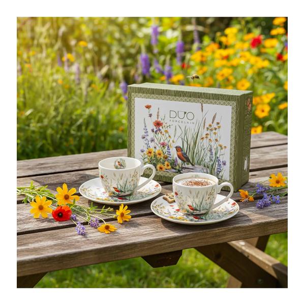 Setul de 2 ce&537;ti &537;i farfurioare JULY din colec&539;ia Flower Classic este realizat din por&539;elan New Bone China caracterizat printr-o culoare alb-crem natural&259; cu o str&259;lucire delicat&259; &537;i o rezisten&539;&259; &537;i durabilitate excep&539;ionale men&539;in&acirc;nd &icirc;n acela&537;i timp lejeritatea &537;i fine&539;eaO linie decorat&259; cu un motiv idilic 