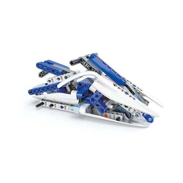 Set constructie STEM Mechanics Laboratory conceput pentru copii pasionati de tehnologie si inginerie care doresc sa descopere principiile mecanicii intr-un mod practic si distractiv Setul permite realizarea a doua modele functionale  un trimaran si o ambarcatiune  oferind o experienta educativa completa Include peste 130 de piese usor de asamblat care ajuta la intelegerea conceptelor de baza din mecanica constructie si miscare Copiii pot construi testa si reconstrui modelele dezvoltand 