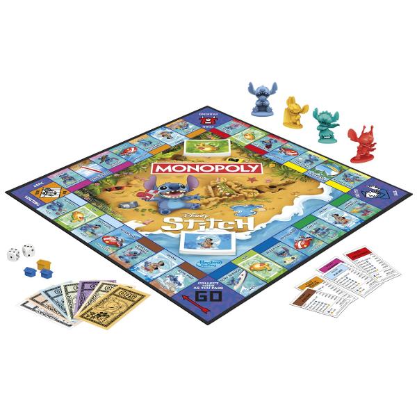 Monopoly Disney Stitch este o editie speciala a clasicului joc de societate Monopoly inspirata de universul amuzant al personajului Stitch Jucatorii cumpara vand si schimba proprietati tematice incearca sa isi construiasca strategia perfecta si sa devina cel mai bogat jucator de pe tabla Grafica colorata si ilustratiile cu Stitch aduc un plus de distractie jocului clasic transformand fiecare partida intr-o aventura plina de umor Este un joc ideal pentru serile petrecute in familie sau cu 