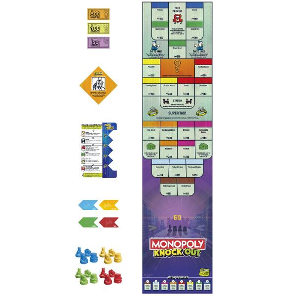 Monopoly Knock Out este un joc de societate dinamica si competitiv care aduce o abordare completa noua asupra clasicului Monopoly transformand fiecare partida intr-o experienta rapida si plina de actiune In locul regulilor traditionale jucatorii isi lanseaza jetoanele pe tabla de joc incercand sa isi passtreze pozitia pe proprietati valoroase si sa ii elimine pe adversari pentru a castiga bani Designul modern si mecanica interactiva fac jocul utilizatorului de inteles si extrem de 