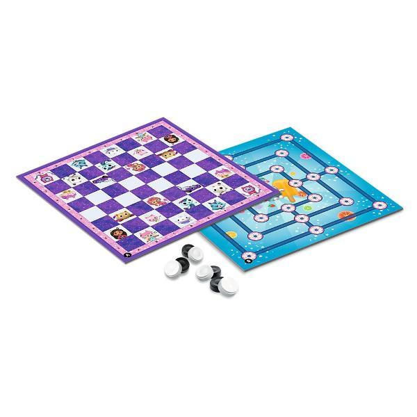 Intra in lumea magica a papusilor alaturi de Gabby si prietenii ei adorabili Acest set contine doua jocuri clasice Dame si Moara reinterpretate intr-un mod fermecator si plin de culoare Fiecare tabla de joc este decorata cu personaje simpatice din universul Gabby&39s Dollhouse oferind o experienta educativa si distractiva pentru cei mici Perfect pentru dezvoltarea gandirii logice si a spiritului de competitie intr-un mod jucaus si creativ Include pioni albi si negri ideali pentru 