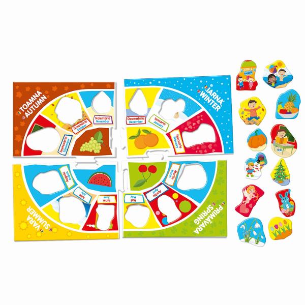 Luni &amp Anotimpuri este un joc educativ conceput pentru copiii de la 5 ani Prin joc copiii pot invata cele 4 anotimpuri cele 12 luni ale anului evenimentele si elementele caracteristice fiecareia  Jocul contine 1 tabla de joc cu 4 carti de puzzle 12 cartele detasabile cu 12 luni 1 copil pilot 1 baza verde din plastic 1 ruleta colorata 4 planse cu fructe 32 de planse pentru jocul de memorie si 1 ghid de instructiuni Toate jocurile lui Agerino au fost concepute de specialisti in 