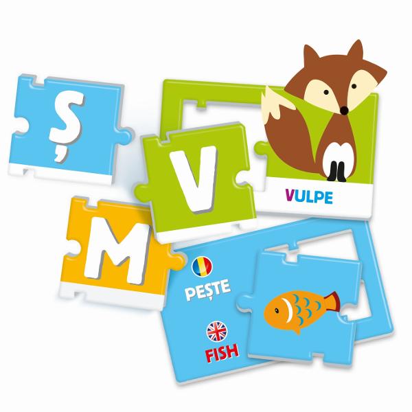 Alfabetul este joc educativ special conceput pentru copiii de la 3 ani Contine cartonase ilustrate cu animale si litere pentru o prima abordarea a alfabetului intr-un mod placut si distractiv invatand literele si sunetul lor Jocul indeamna copilul sa scrie primele cuvinte in romana si engleza Setul contine 30 de cartonase cu imagini si cuvinte 30 de piese de puzzle si 1 manual de instructiuni Valori dezvoltate citirea si scrierea logica si spiritul de observatie limba straina 