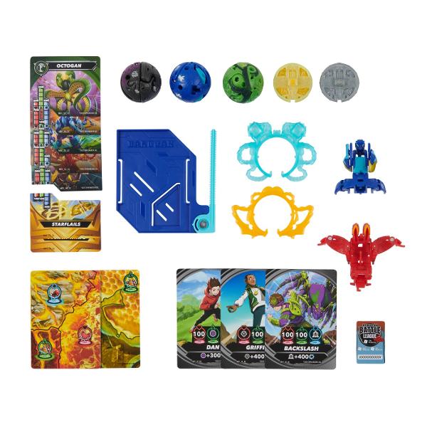 Acest set include 2 BakuganI Atac Special prin Rotire si 3 bile Bakugan de baza plus carti de joc Foloseste cardul de lansare si cordonul de lansare incluse pentru a activa Bakugan-ul rotitor Combina-ti Bakugan-ul cu ajutorul sistemului de legare a bilelor in mai multe parti Pur si simplu prinde partea de sus a personajului de partea de jos sisau inelul armei Atac Special si pregateste-te de lupta Cu cat colectionezi mai multe cu atat mai multe vei putea personaliza Foloseste 