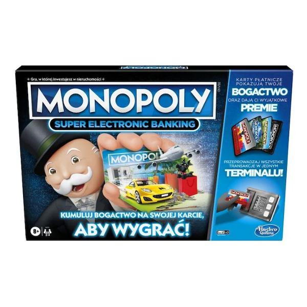 &nbsp;Jocul Monopoly Super Electronic Banking&nbsp; E8978Alegeti un card de plata alegeti un bonus Cardurile de plata va arata averea si va ofera bonusuri unice Deplasati-va pe bord cumparand cat mai multe proprietati si colectand chirie si bonusuri Jocul se termina cand toate proprietatile au fost achizitionateJucatorul cu cei mai multi bani castiga Jocul este rapid si distractiv datorita faptului ca toate tranzactiile au loc fara numerar intr-un singur 